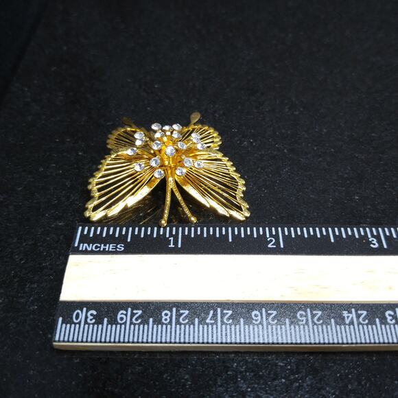 Vintage Monet Gold Tone Wire Butterfly Brooch, Clear Rhinestones Center - Picture 6 of 10